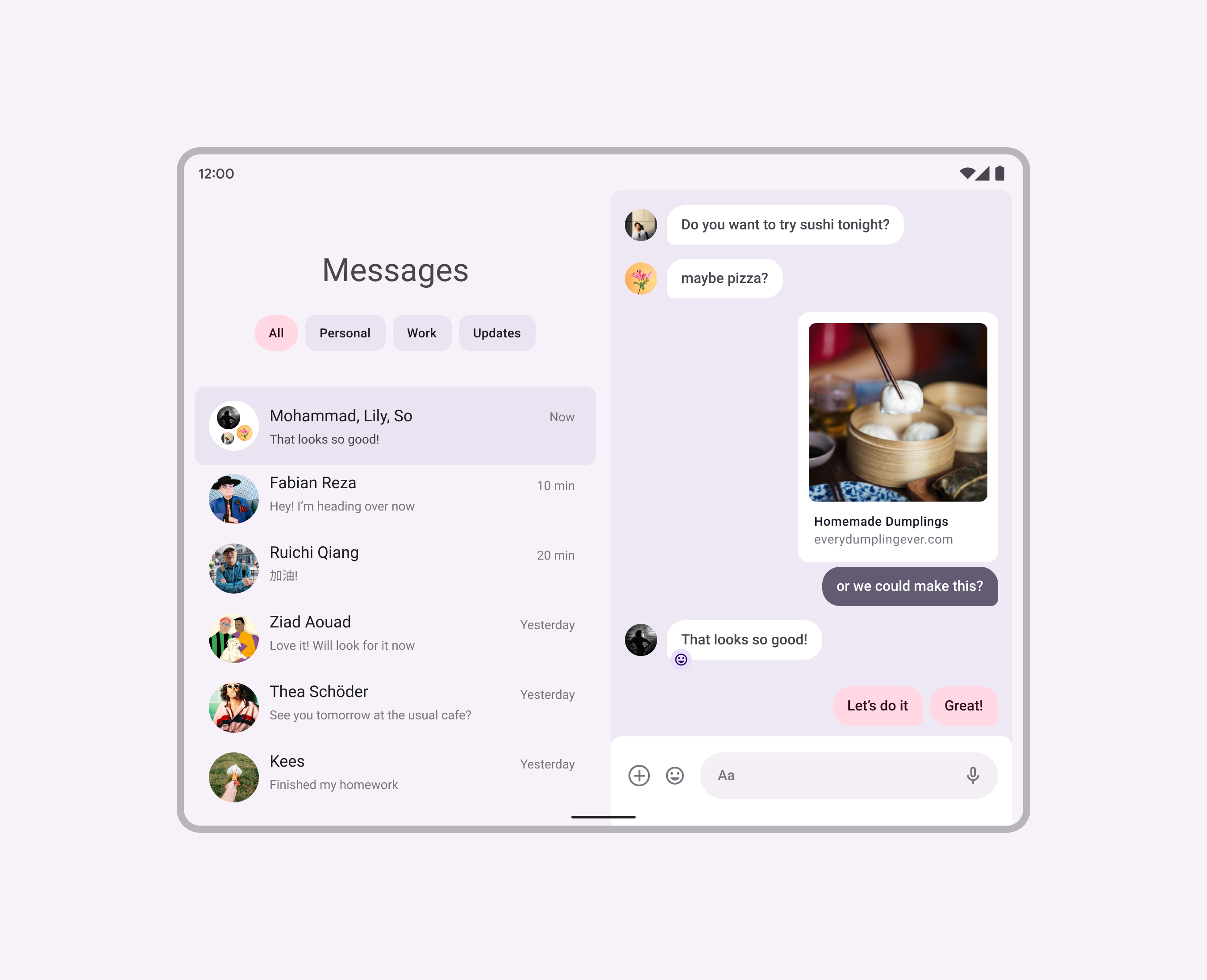 即时通讯 App,显示联系人列表和他们的对话